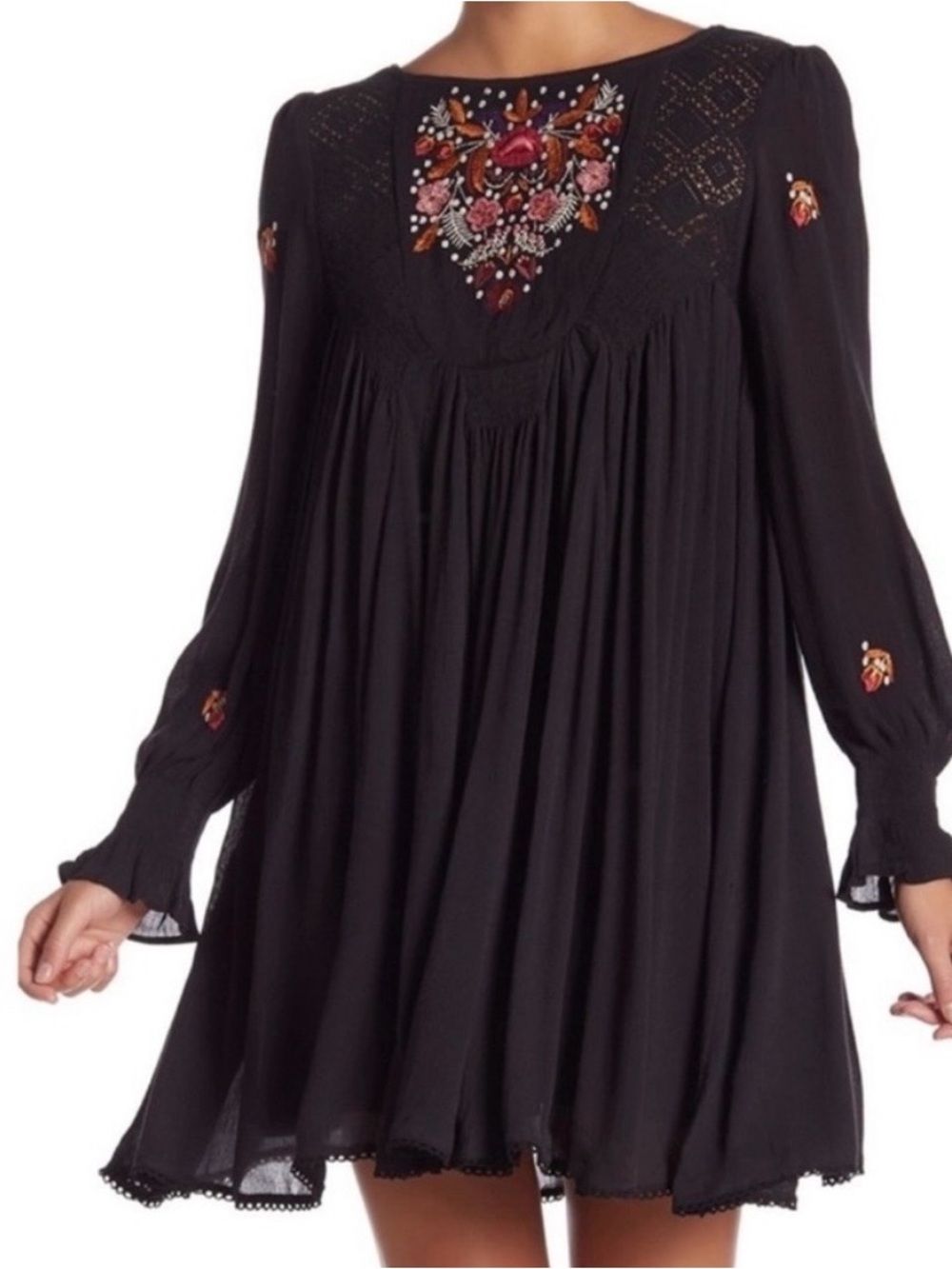 Free People Embroidered Black Long-Sleeve Swing Dress